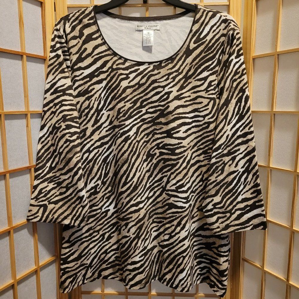 Rebecca Malone Womens Brown Tiger Print Blouse Sz 1X